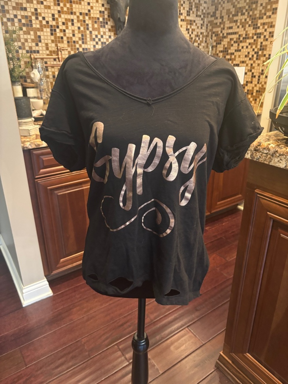 Black 'Gypsy' Short Sleeve Graphic Tee with Metallic Script